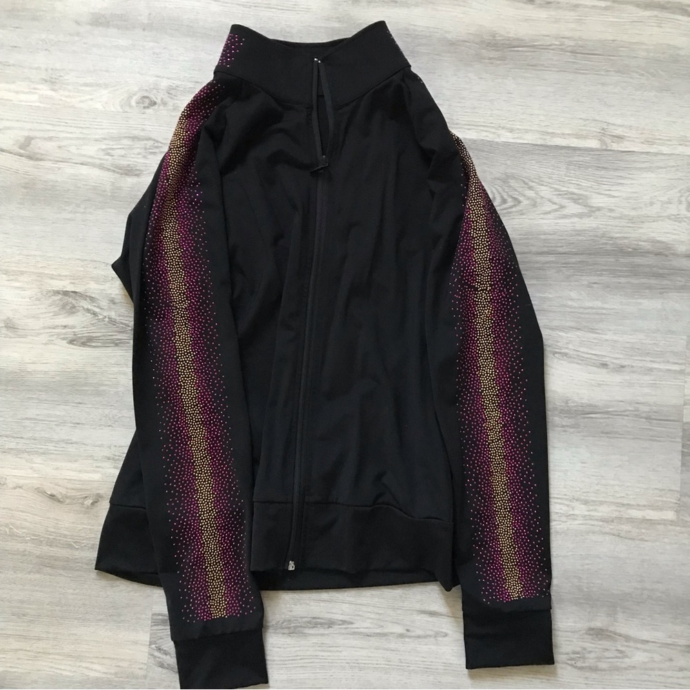 Venus Sporty Long Sleeve Zip Up Jacket w/bling/sparkle sleeves Blk Size Large
